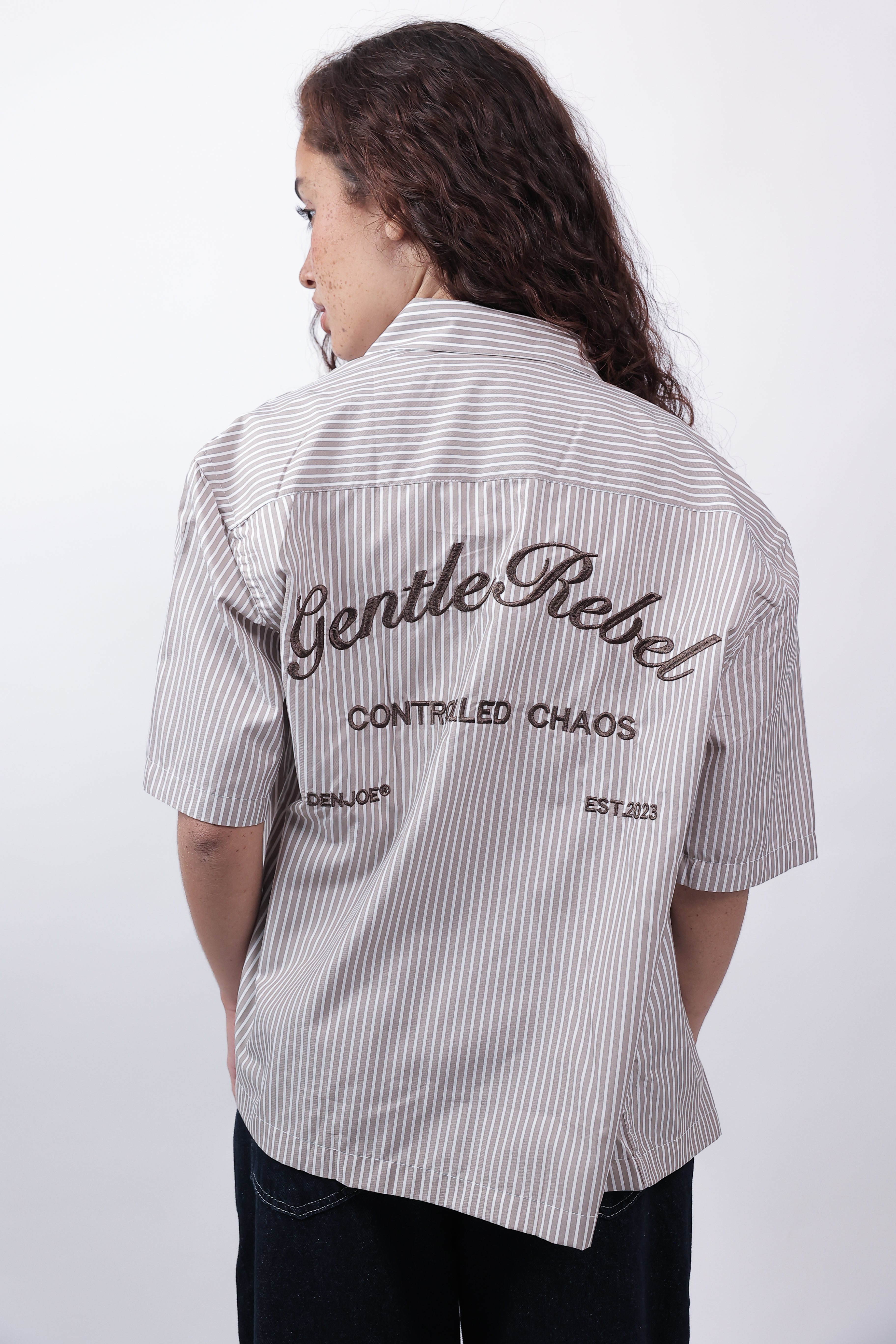 Short Sleeve Striped Shirt Boxy Fit (Beige)