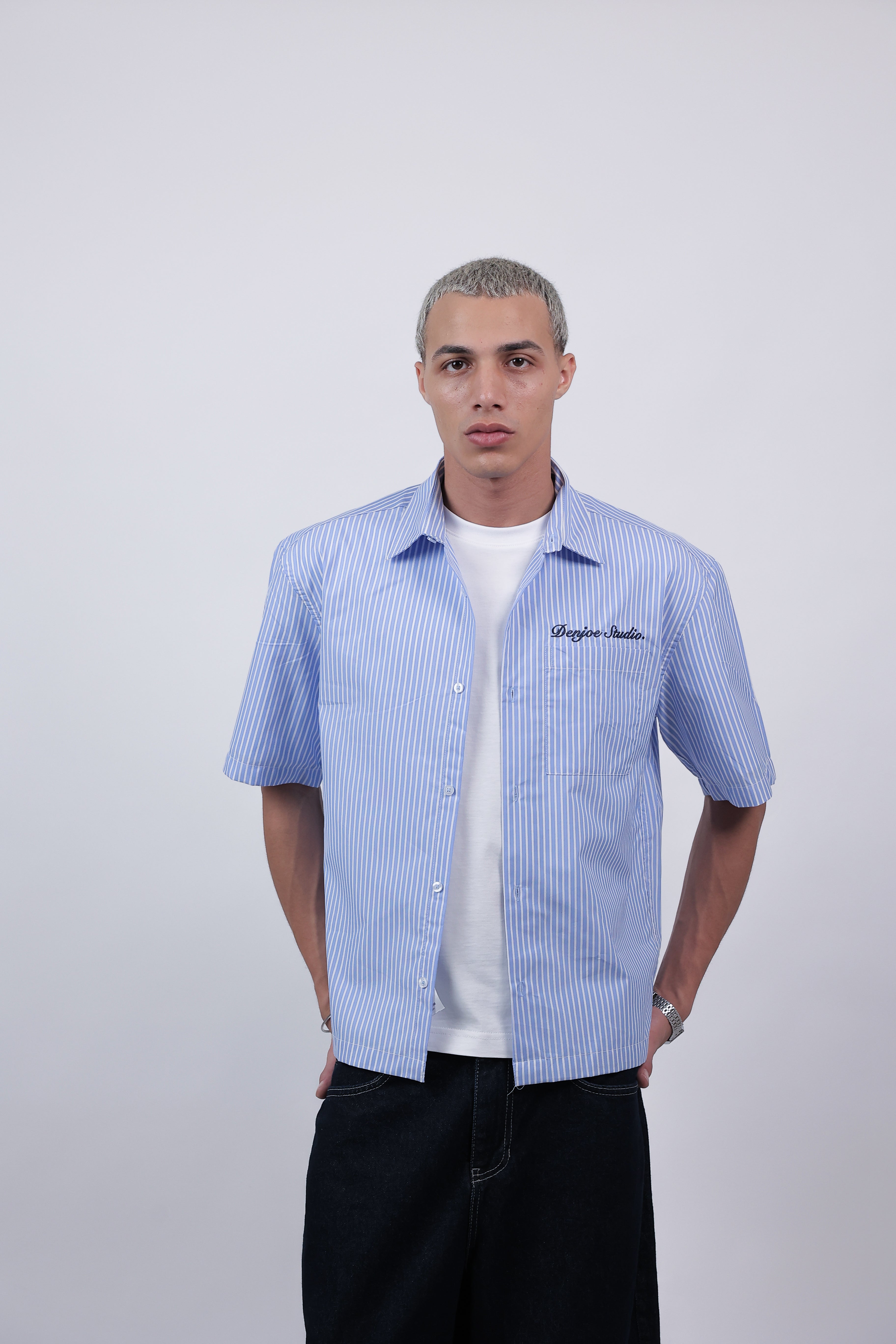 Short Sleeve Striped Shirt Boxy Fit (Skyline Blue)