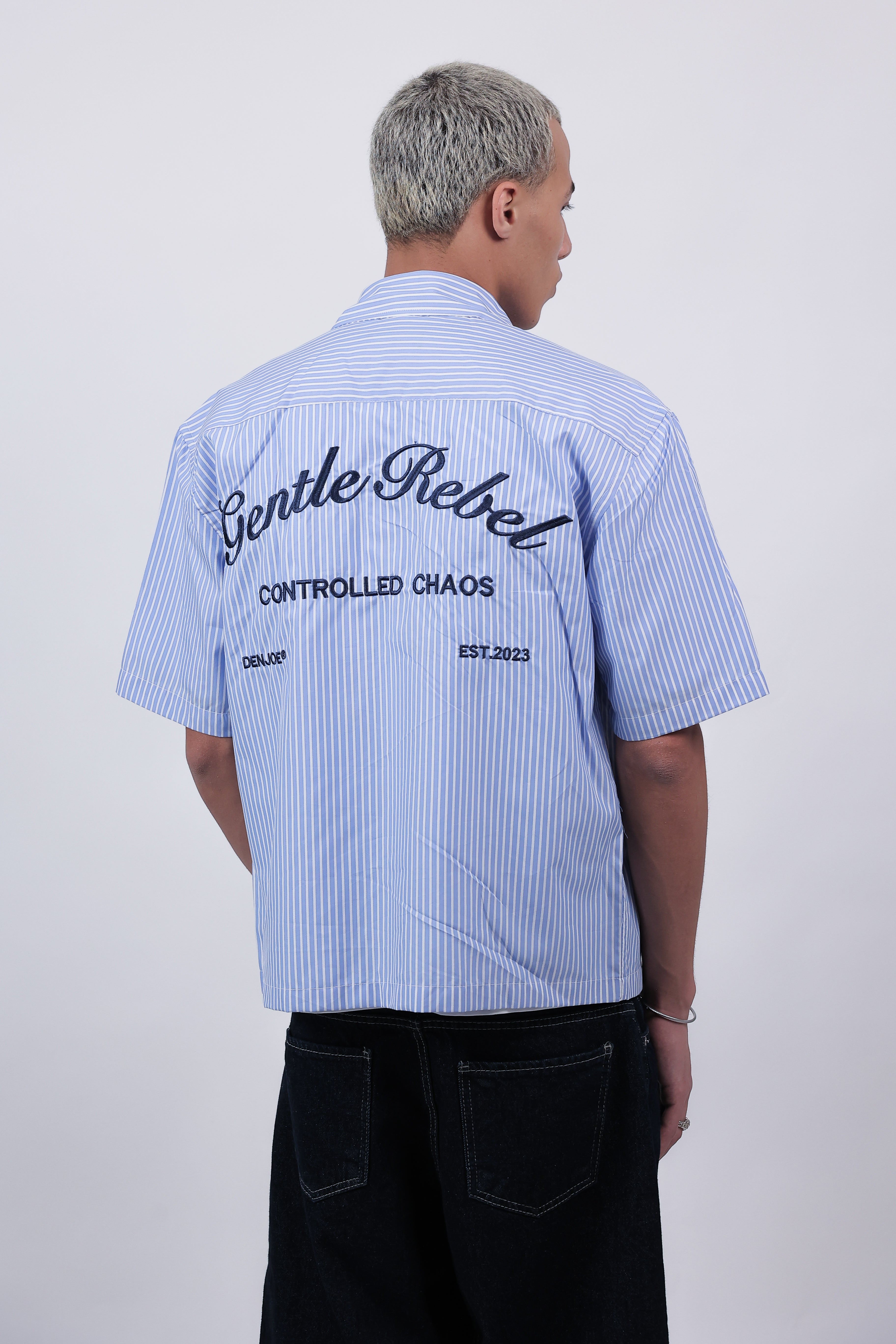 Short Sleeve Striped Shirt Boxy Fit (Skyline Blue)