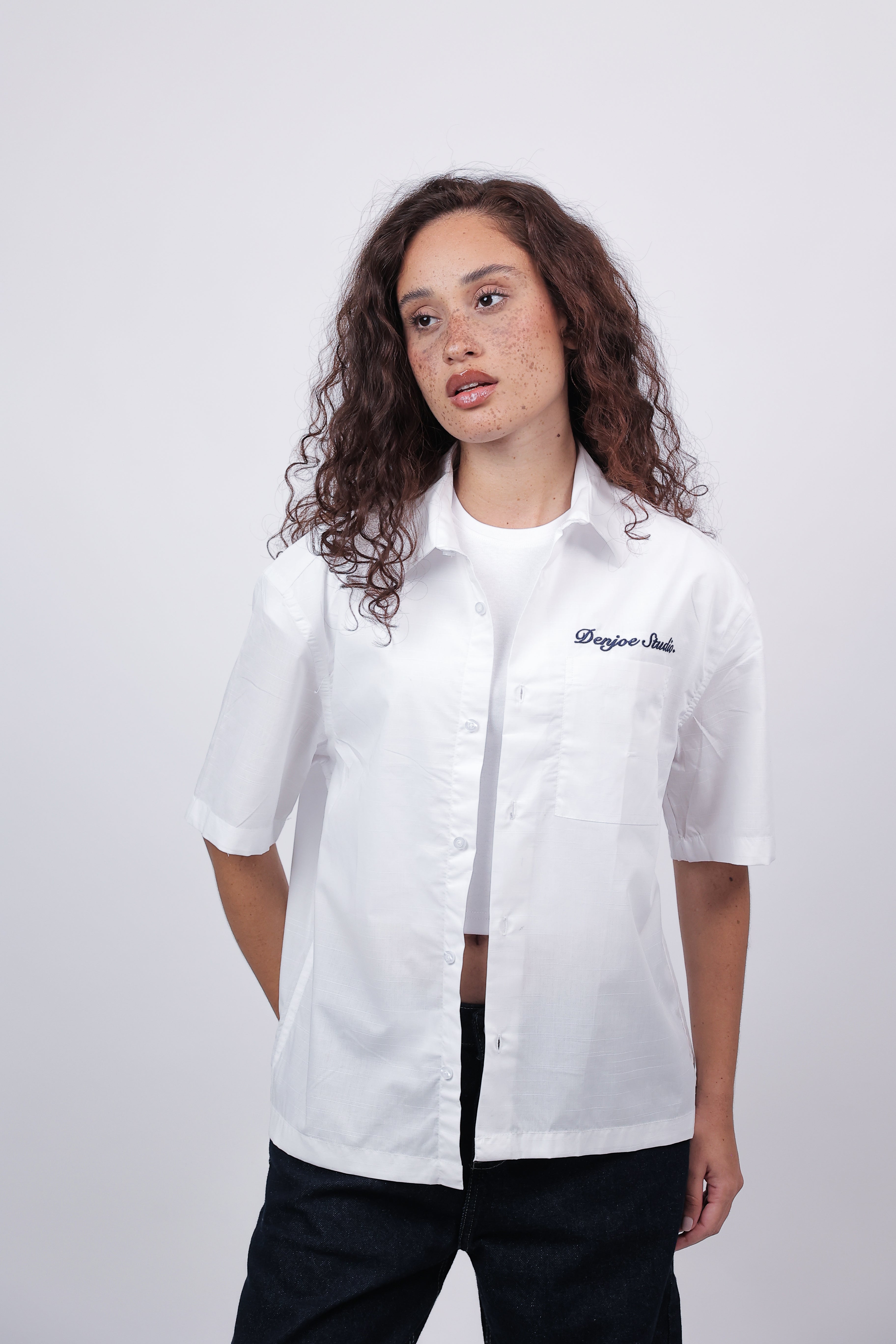 Short Sleeve Linen Shirt Boxy Fit (Cloud White)