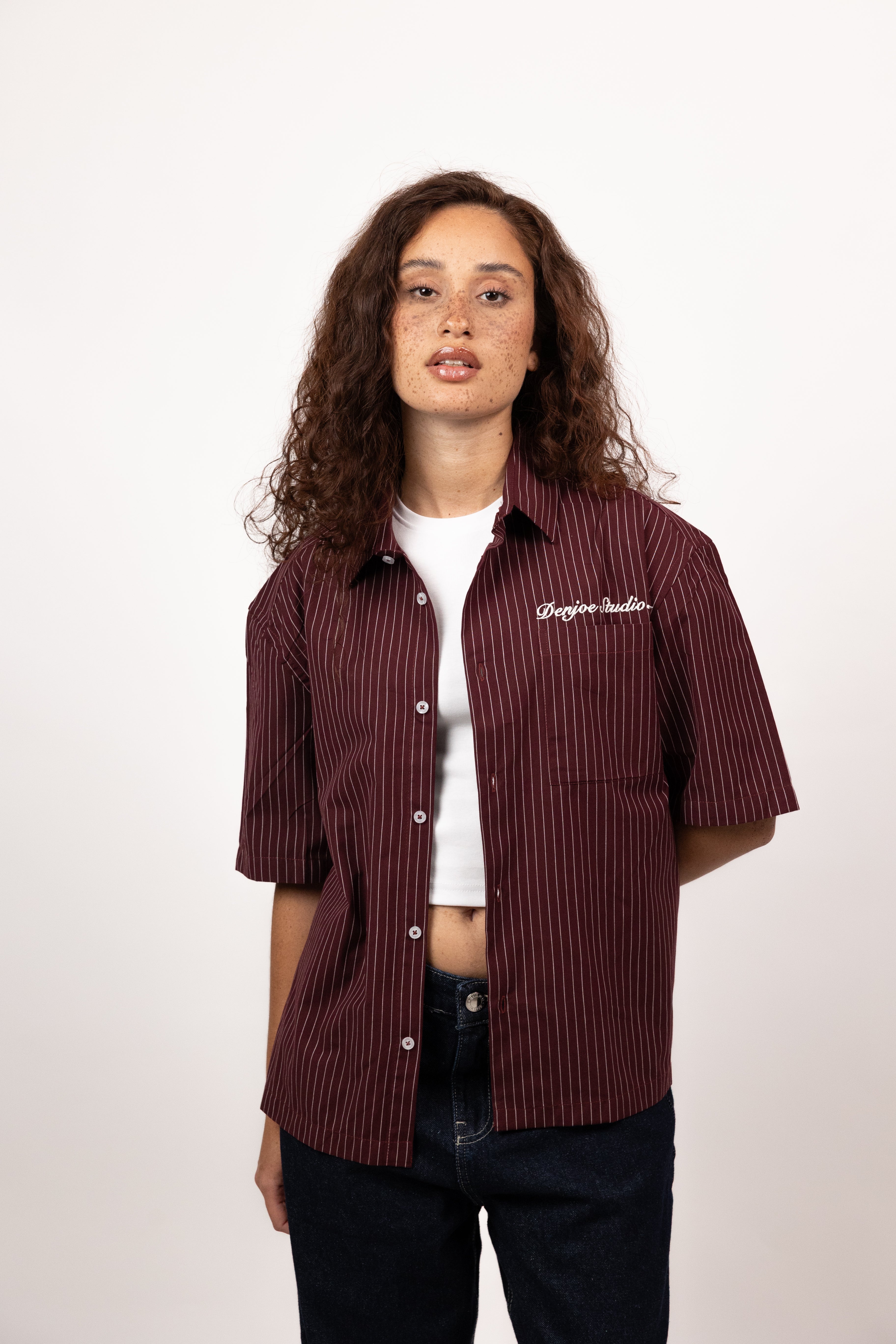Short Sleeve Striped Shirt Boxy Fit (Burgandy)