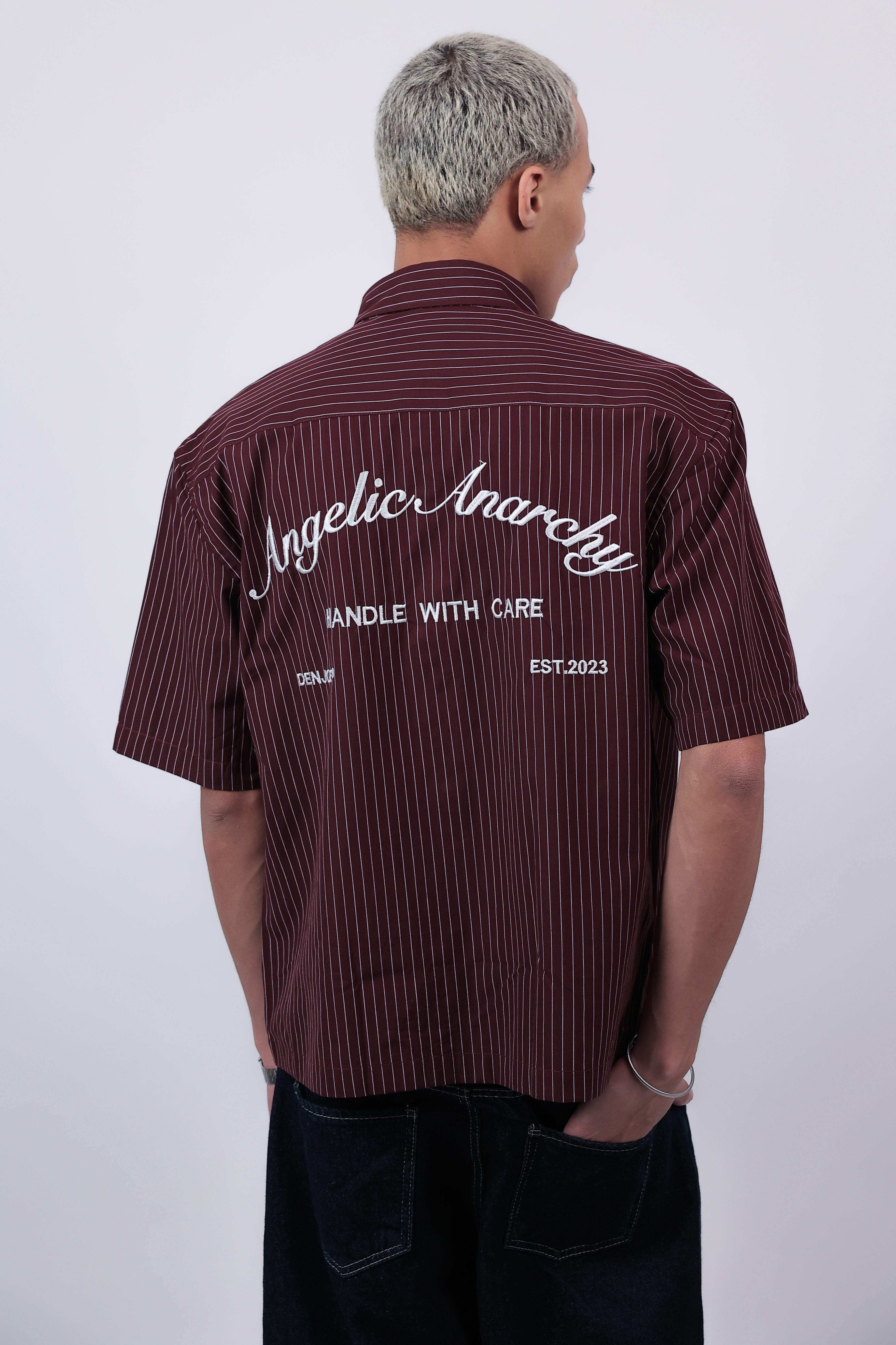 Short Sleeve Striped Shirt Boxy Fit (Burgandy)