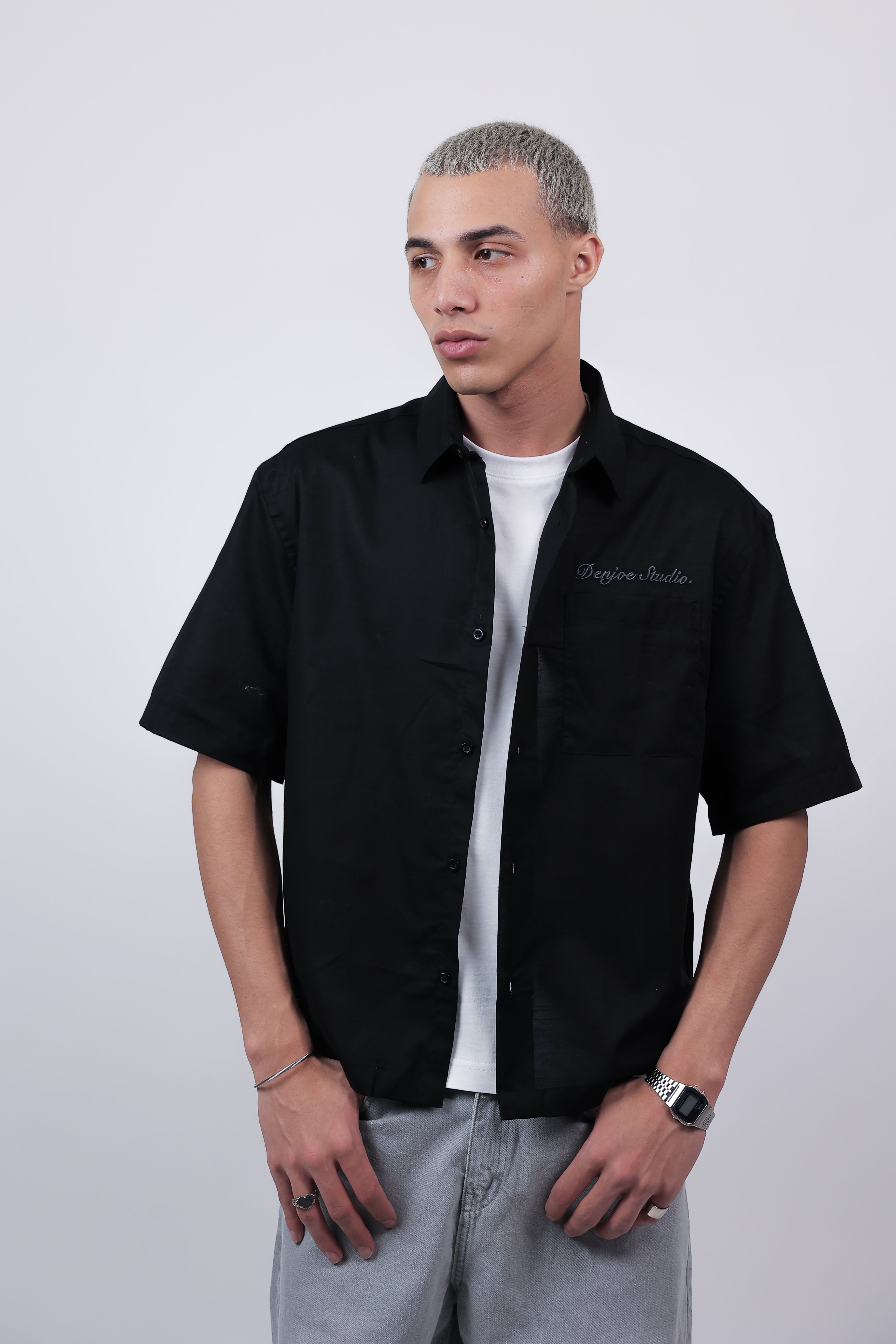 Short Sleeve Linen Shirt Boxy Fit (Onyx Black)