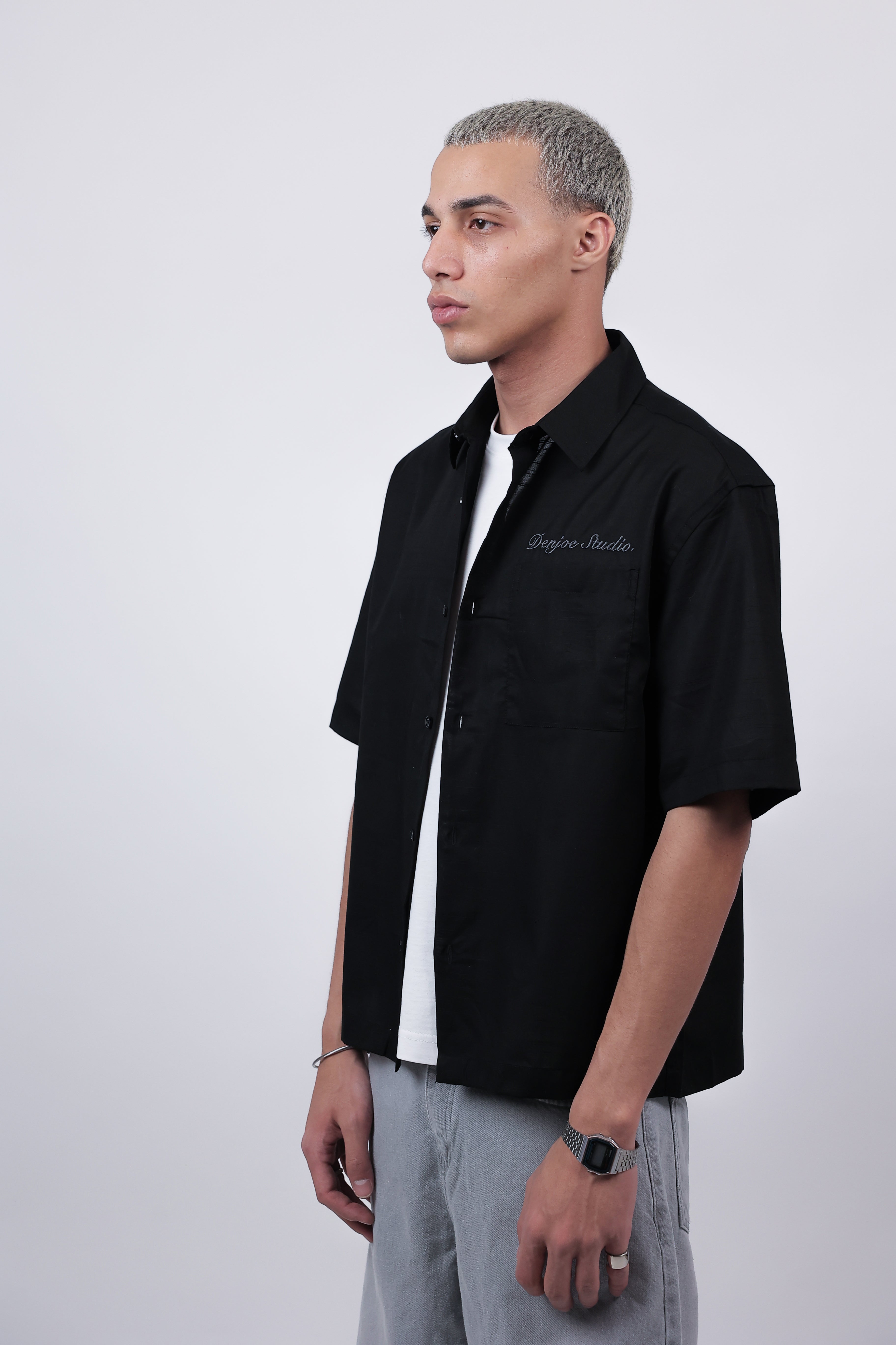 Short Sleeve Linen Shirt Boxy Fit (Onyx Black)