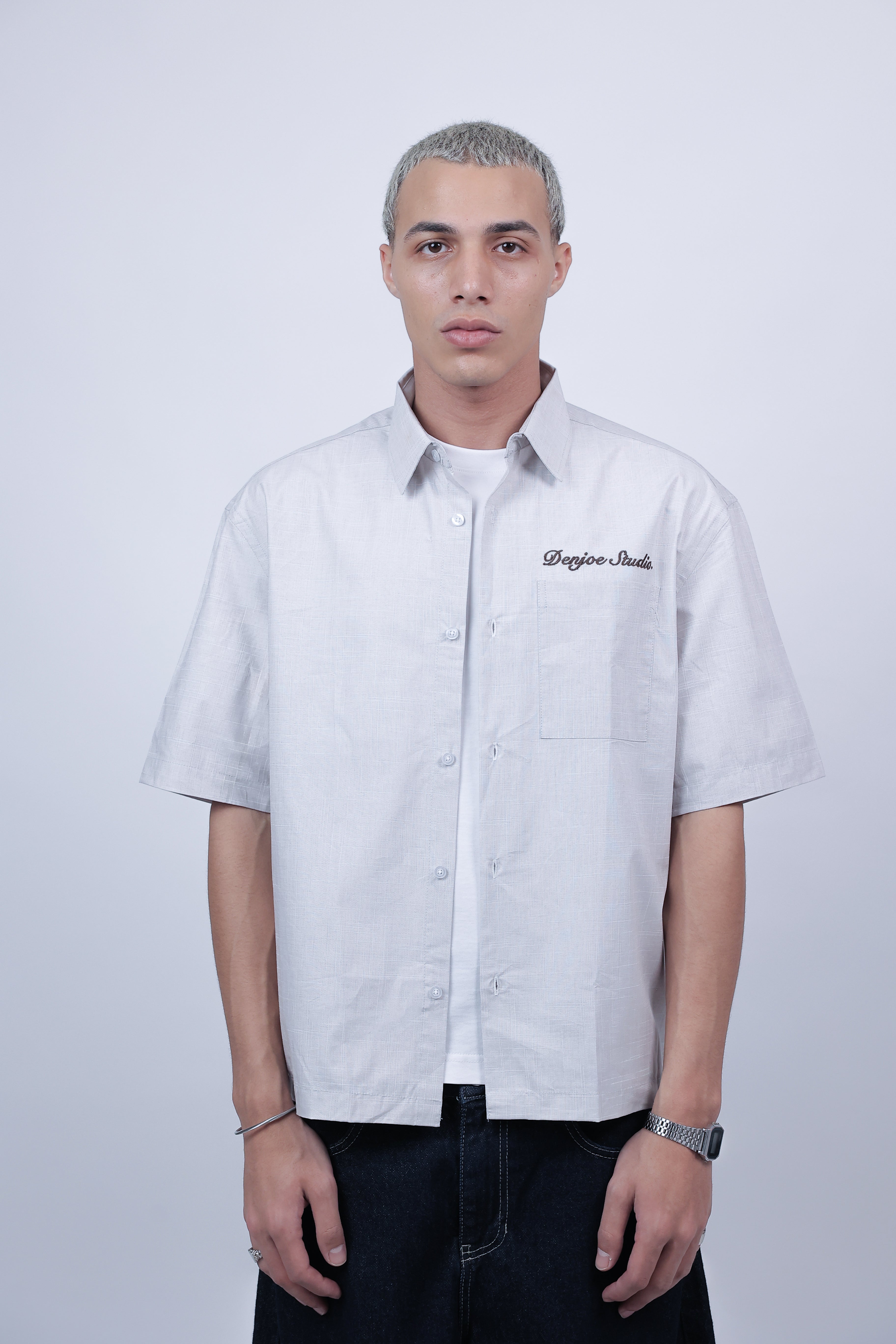 Short Sleeve Linen Shirt Boxy Fit (Cloud White)