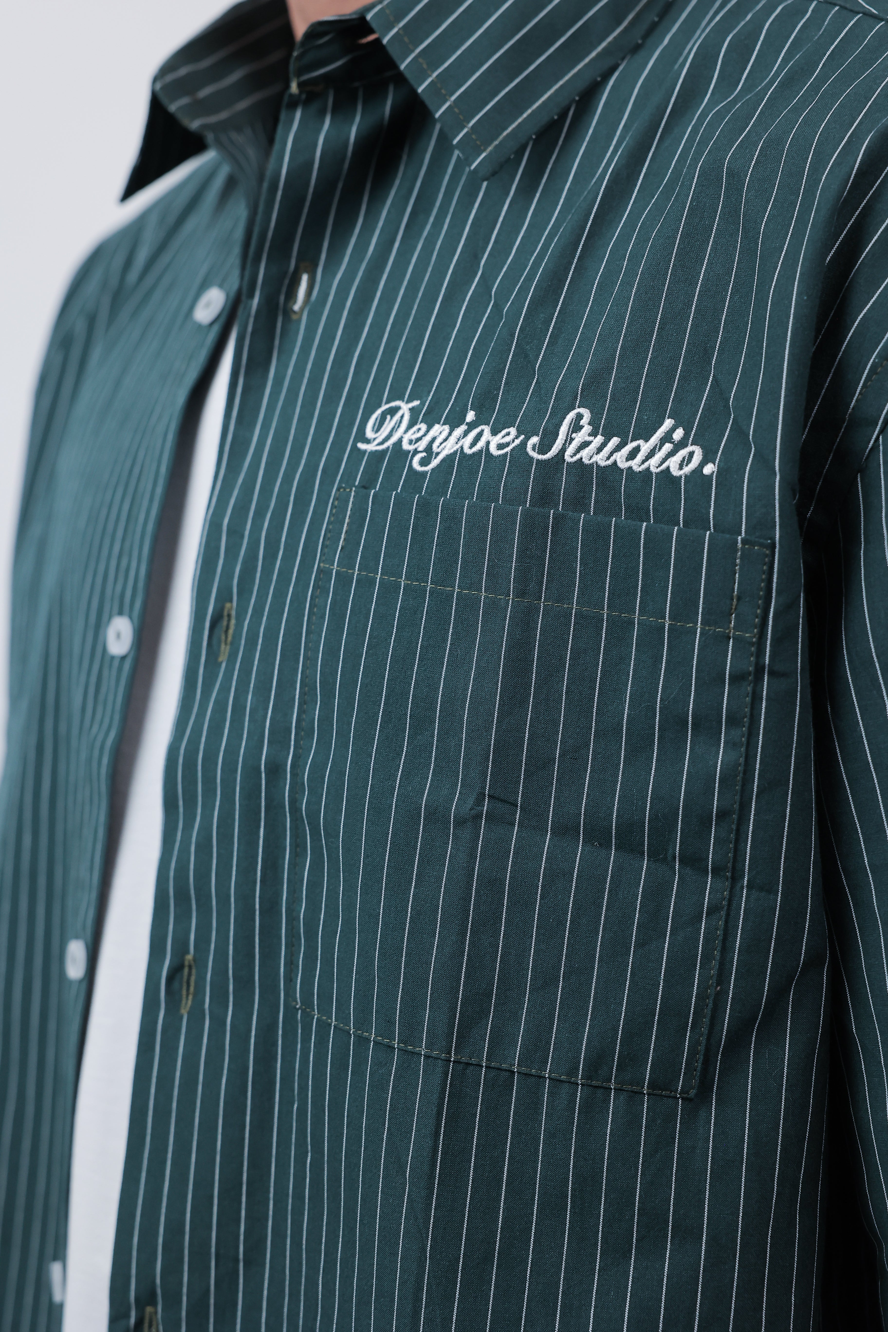 Short Sleeve Striped Shirt Boxy Fit (Forestgreen)