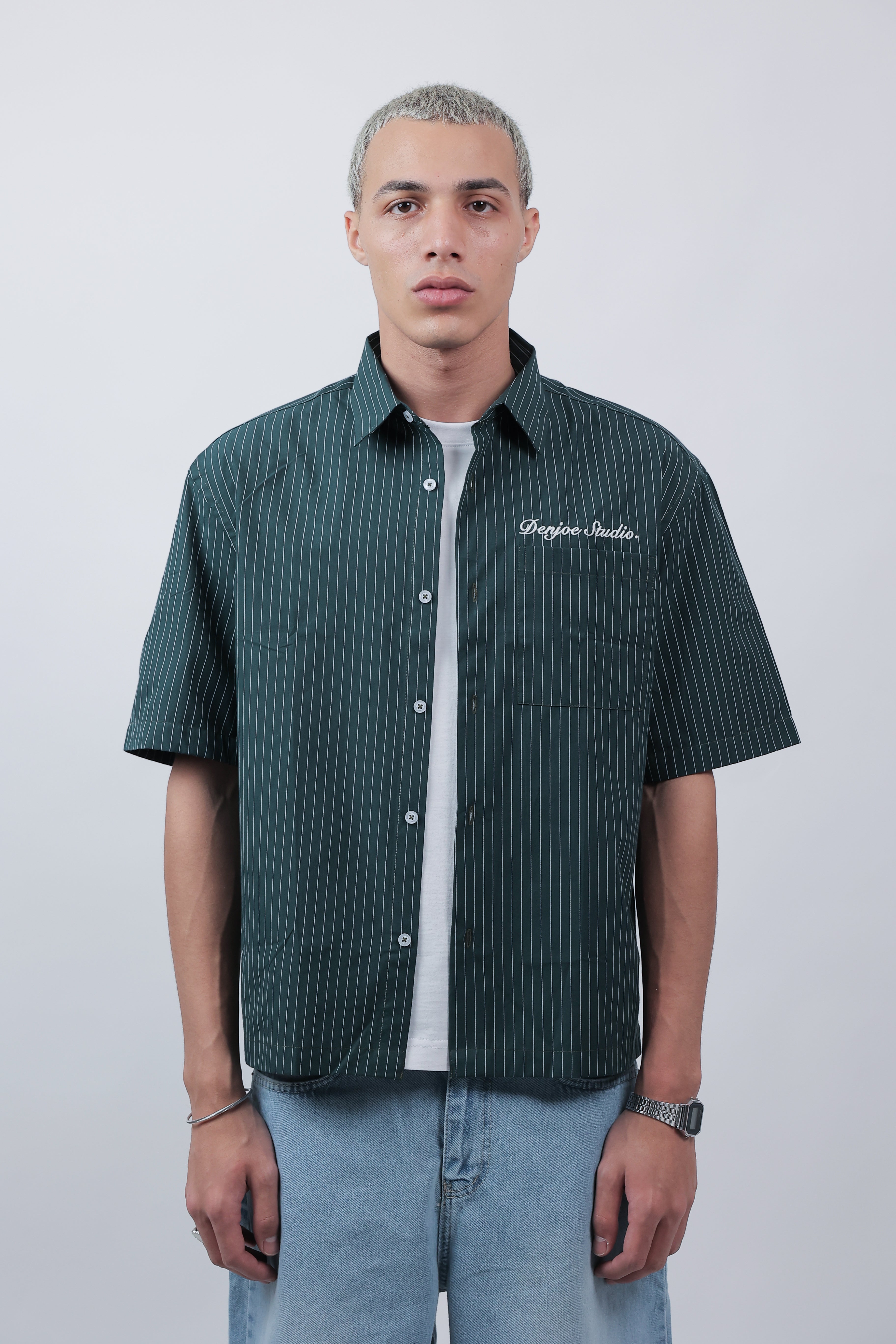Short Sleeve Striped Shirt Boxy Fit (Forestgreen)