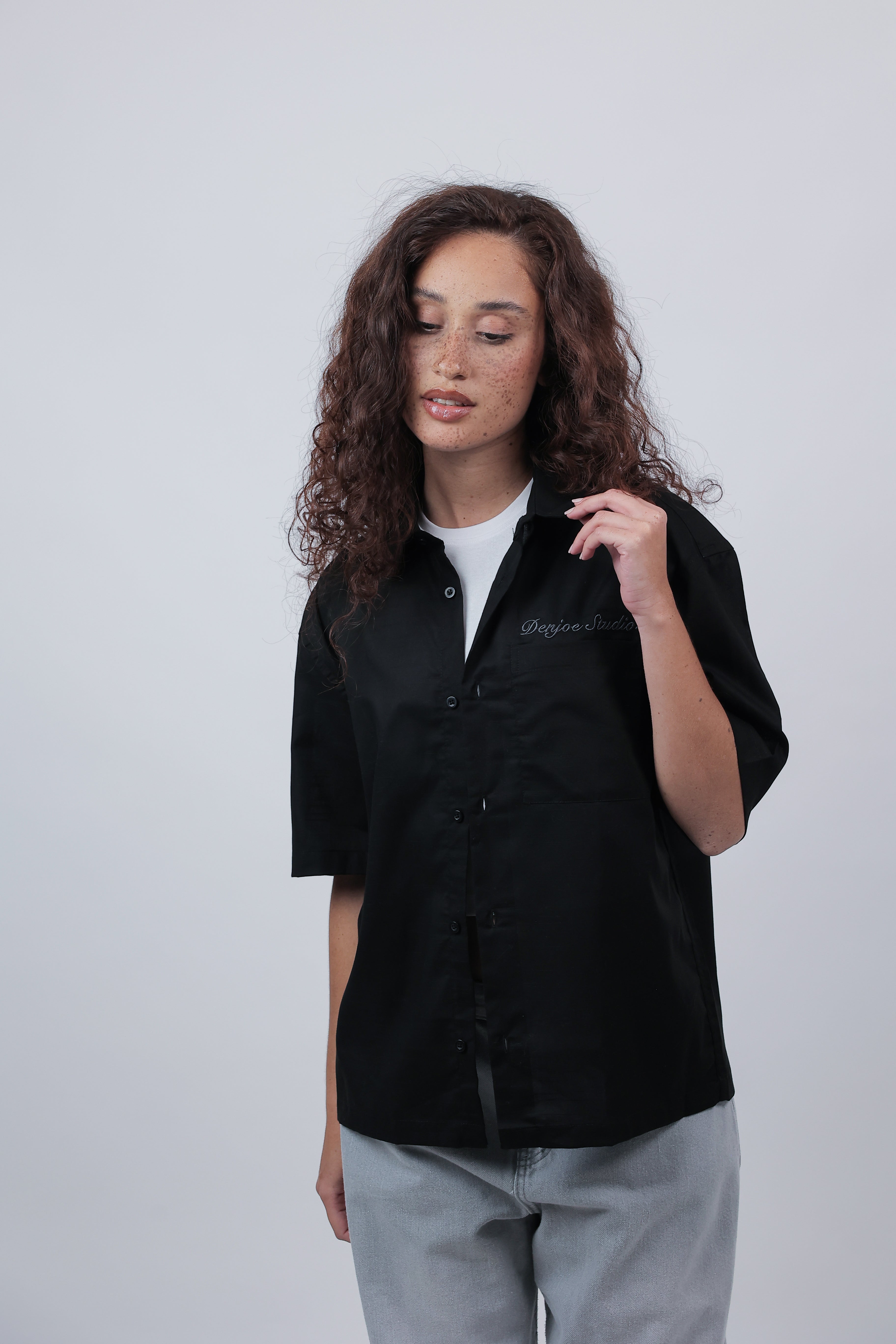 Short Sleeve Linen Shirt Boxy Fit (Onyx Black)