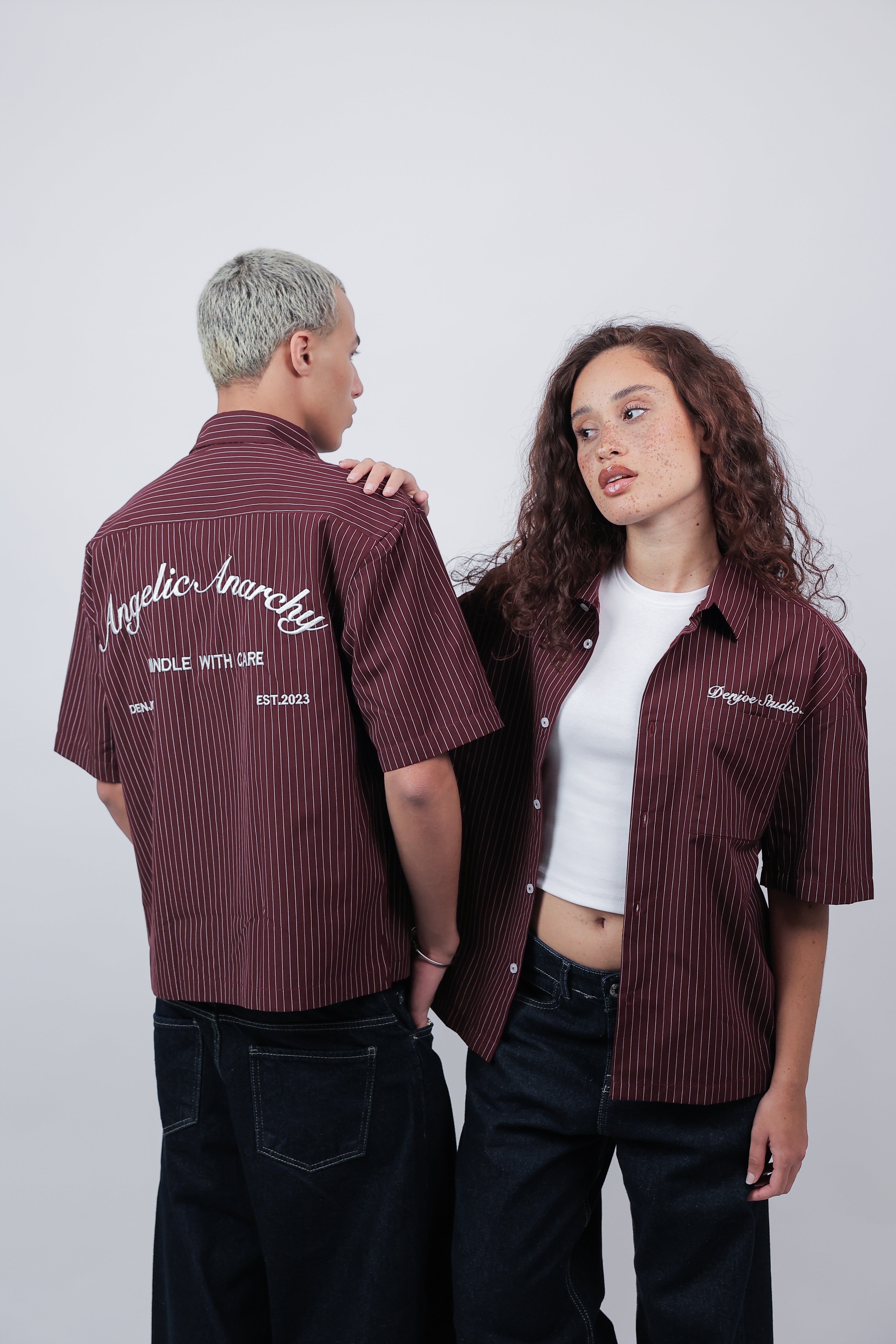 Short Sleeve Striped Shirt Boxy Fit (Burgandy)