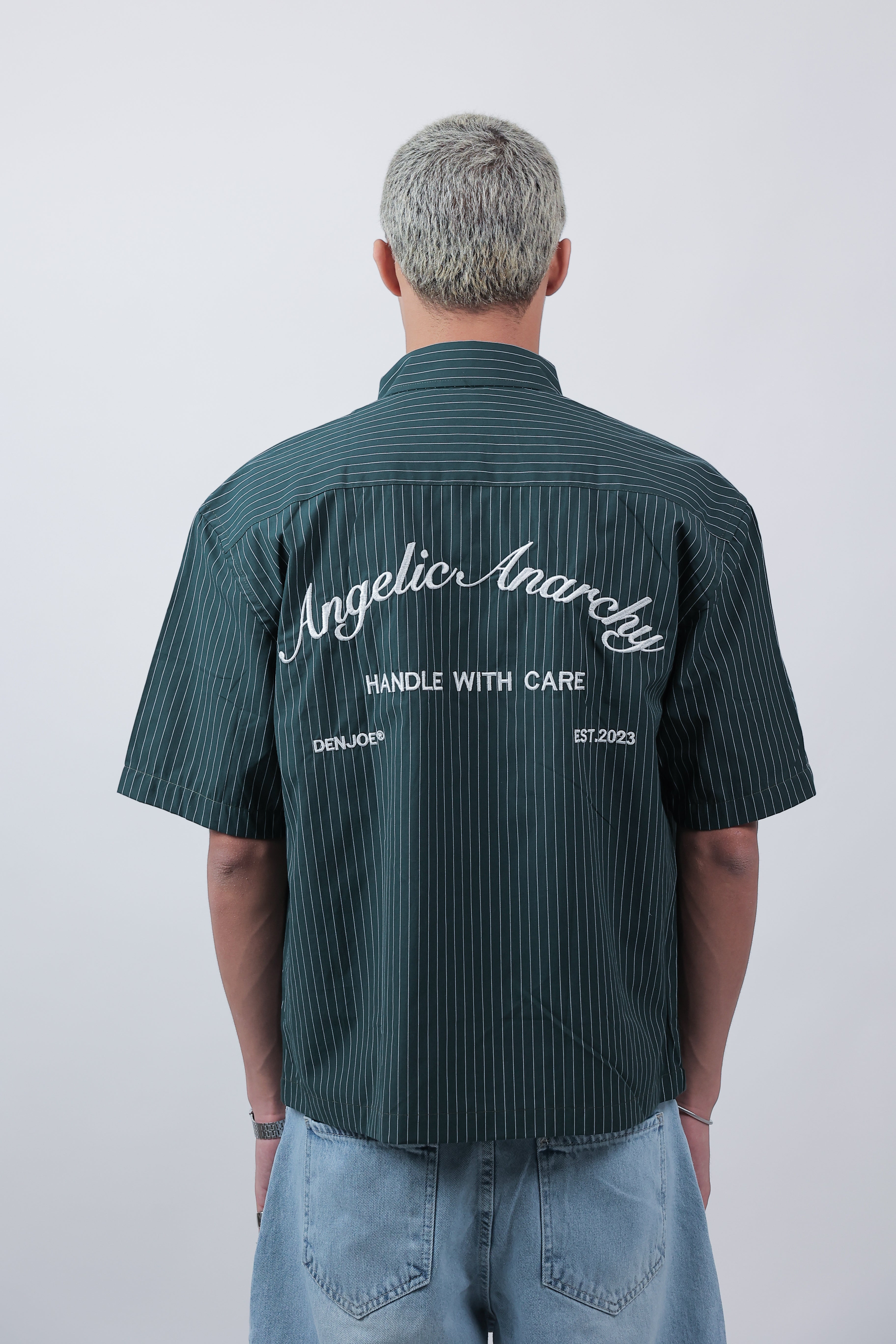 Short Sleeve Striped Shirt Boxy Fit (Forestgreen)