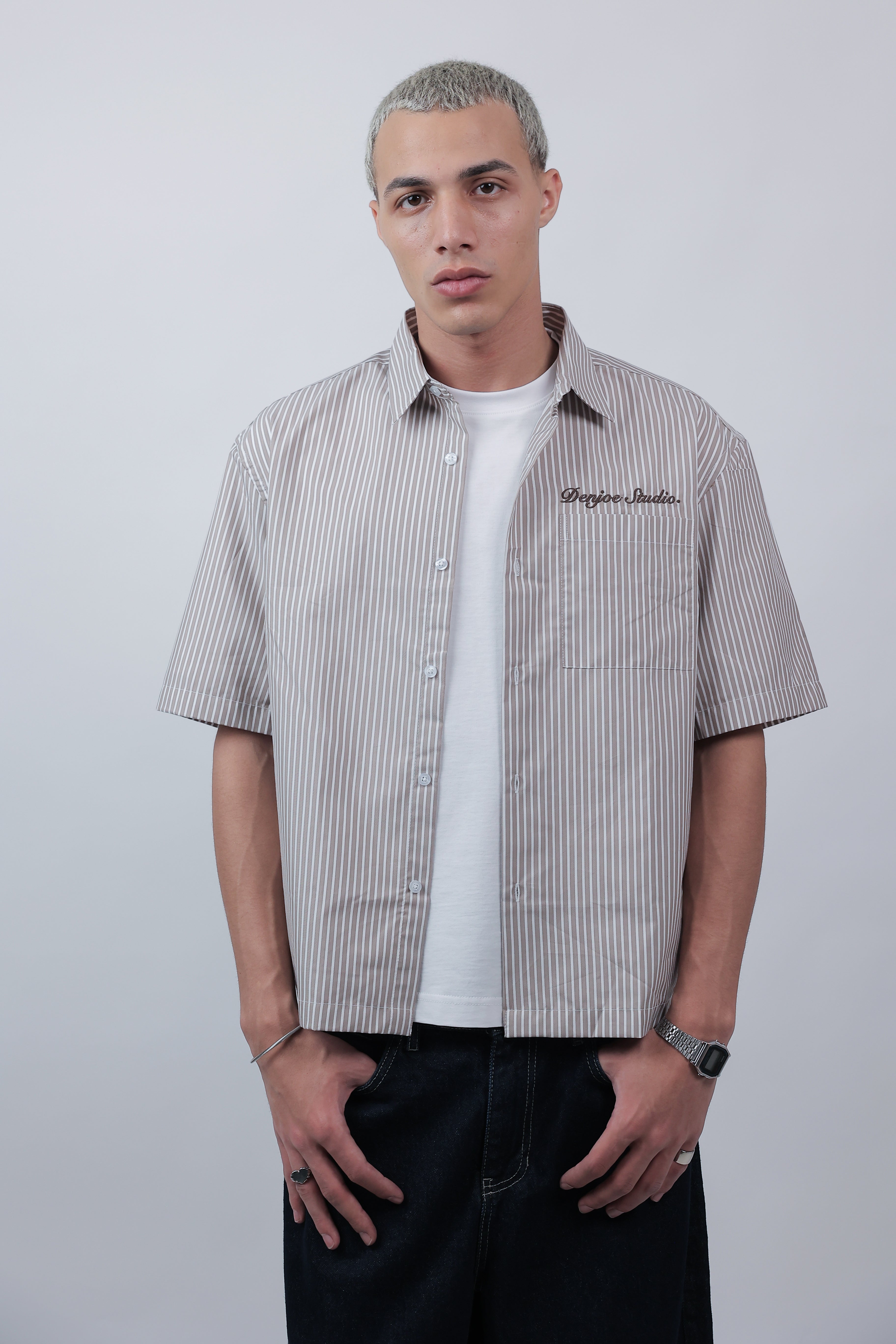Short Sleeve Striped Shirt Boxy Fit (Beige)